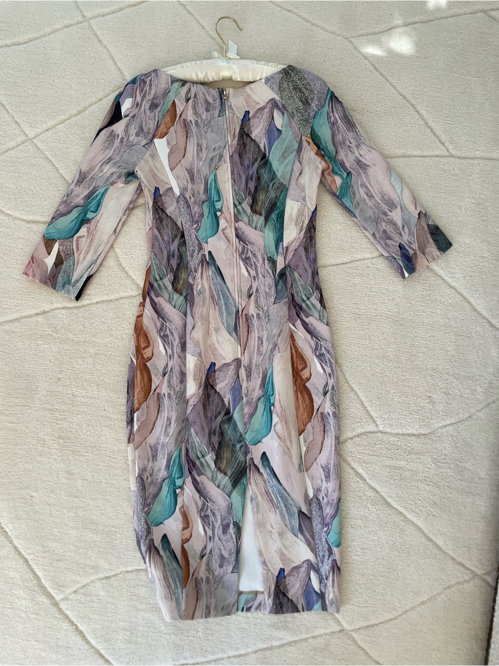 H&M Abstract Midi Sheath Dress in Teal, Mauve, Taupe & Brown